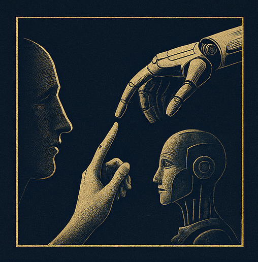 Gold-etched illustration of a human and robot reaching toward one another, symbolizing trust, symmetry, and semantic collaboration between people and AI systems.
